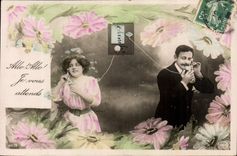 CPA Fantaisie Telephone Femme Homme 