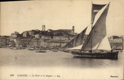 Barco de Cannes de la POSTAL de la VENDIMIA el puerto y el Suquet