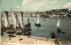El barco de Cannes de la POSTAL de la VENDIMIA el puerto y el montaje Knight