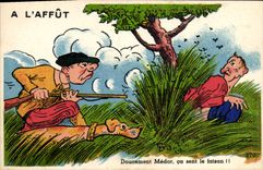 CPA Fantaisie Humour Chasse Chasseur Chien A l'affut 