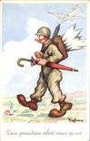 CPA Fantaisie Humour Soldat Militaria Avion