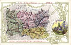 VINTAGE POSTCARD Geographical map Chocolate factory of Aiguebelle Oise Department the castle of Pierrefonds