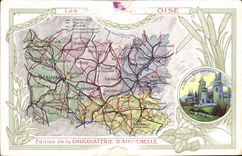 VINTAGE POSTCARD Geographical map Chocolate factory of Aiguebelle Department Oise Castle of Pierrefonds