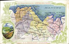 VINTAGE POSTCARD Geographical map Chocolate factory of Aiguebelle Department Dimensions of Dinan North