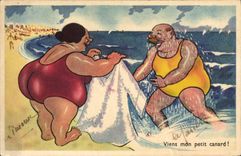 CPA Fantaisie Illustrateur Femme Forte Plage Viens mon petit canard