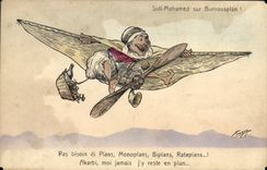 VINTAGE POSTCARD Fantasy North Africa Illustrator Sidi Mohame on Burnousplan plane
