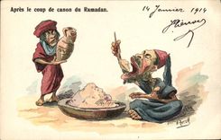 VINTAGE POSTCARD Fantasy North Africa Illustrator After the blow of the Ramadan