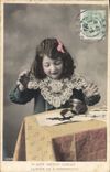 VINTAGE POSTCARD Fantaisie Child Writing Plucks Inkpot
