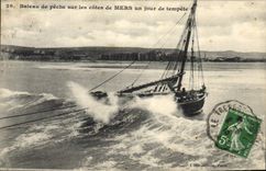 El barco de la POSTAL de la VENDIMIA pesca los barcos del pecado en las dimensiones de los mares un día de tormenta