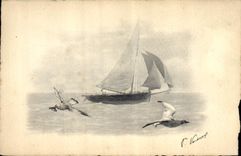 El barco de la POSTAL de la VENDIMIA pesca pájaros de las gaviotas