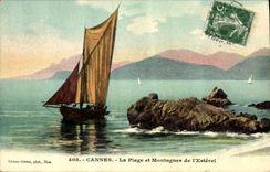 CPA Bateau Peche Cannes La plage et montagnes de l'Esterel