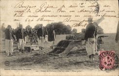CPA Militaria camp de Chalons Le 155 court Piece prete !