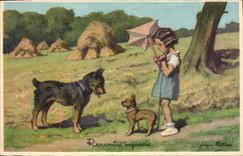 VINTAGE POSTCARD Enfants Meets unforeseen Chien