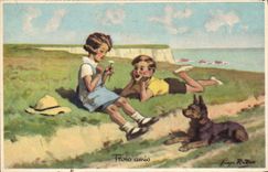 VINTAGE POSTCARD Children Three friends dog