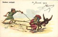 CPA Fantaisie Illustrateur Bobheur conjugal Laboureur Ane Mule 