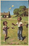 VINTAGE POSTCARD Enfants Butterfly Flies steals Coq Hen