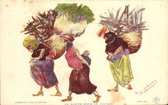 CPA Fantaisie Illustrateur Afrique du Nord Algerie En route pour le Gourbi Femmes