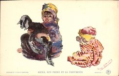 CPA Fantaisie Illustrateur Afrique du Nord Algerie Aicha son frere et sa chevrette Chevre 
