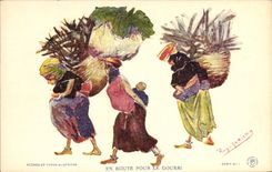 CPA Fantaisie Illustrateur Afrique du Nord Algerie En route pour le Gourbi Femmes