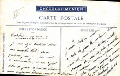 Chocolate de Militaria Menier de la POSTAL de la VENDIMIA con el campo del fuego