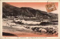 CPA Menton La Plage Par Un Coup De Mer