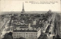 VINTAGE POSTCARD Paris Panorama Towards the Champ de Mars taken of Arc de Triomphe of Etoile the Eiffel Tower