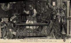 La POSTAL de la VENDIMIA encoleriza la tapicería de Museum De I' Ancien Eveche que representa Zaccharie con el templo