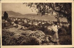 La POSTAL de la VENDIMIA Niza incorpora las flores y el folklore de los Aceituna-árboles