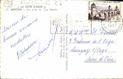 CPM Menton Vue Prise du Cap Martin