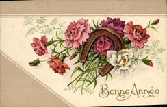VINTAGE POSTCARD Fantaisie Flowers Horseshoe Happy New Year