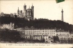 VINTAGE POSTCARD Lyon Notre Dame De Fourviere And the Melallique Tower