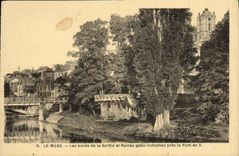VINTAGE POSTCARD Mans Edges of the Sarthe and Roman Ruines gallo close the bridge in X
