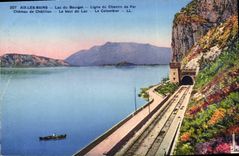 VINTAGE POSTCARD Aix Les Bains Lake Of Le Bourget Railway line Castle of chatillon the end of the lake the dovecote