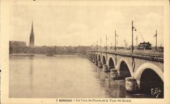 Burdeos de la POSTAL de la VENDIMIA el puente de Pedro y del St Miguel de la torre