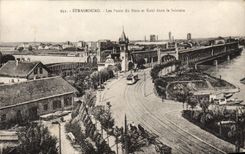Puentes de Estrasburgo de la POSTAL de la VENDIMIA del Rin y del Kehl en la distancia