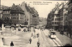 La POSTAL Estrasburgo de la VENDIMIA coloca Gutenberg y la ruda de la tranvía grande de las arcadas