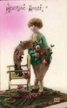 VINTAGE POSTCARD Heureuse Year Child Horseshoe