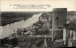 POSTAL Chinon de la VENDIMIA el castillo la torre del molino la pared romana y el valle de Viena