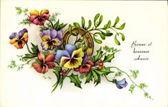 VINTAGE POSTCARD Good And Happy Year Flowers Horseshoe