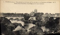 VINTAGE POSTCARD Tours View on the Loire the stone bridge the cathedral St Gatien