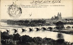 VINTAGE POSTCARD Tours View the Loire the stone bridge the cathedral St Gatien