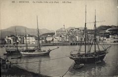 VINTAGE POSTCARD Boat of sin Menton the old city and the port