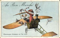 VINTAGE POSTCARD Surrealism With the Good market Charming lady of birds in the year 2000 Plane