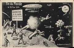 VINTAGE POSTCARD Surrealism End of the world on May 19th, 1910 Forwarding with the moon Zeppelin Airship