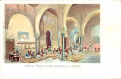 VINTAGE POSTCARD North Africa Fantasy Illustrator the school free Arab Medersa Tlemcen