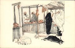 VINTAGE POSTCARD Fantaisie North Africa Illustrator Algeria Butchery has Touggamt