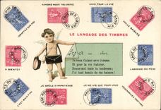 CPA Le langage des timbres Semeuse 10c 25c Ange 
