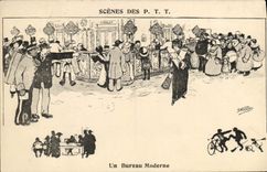 Escenas de la POSTAL de la VENDIMIA de las autoridades postales y de telecomunicaciones una oficina moderna