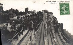 VINTAGE POSTCARD Fun fair Luna Park Scenic Railway Train station