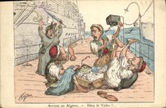 VINTAGE POSTCARD North Africa Fantasy Illustrator Arrived year Algeria Good-bye the Bag